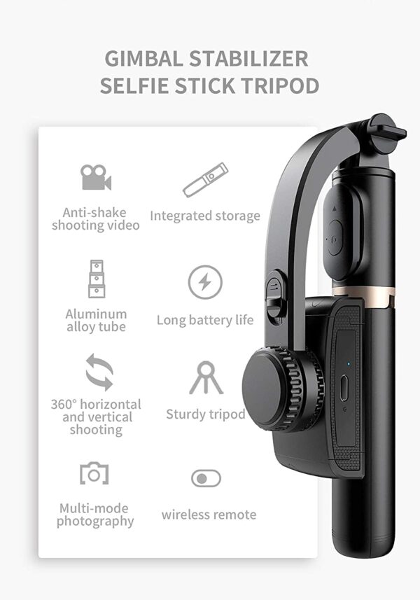 TECHNOVIEW Q08 Mini Gimbal Anti-Shake 1-Axis STABILIZER Extendable Selfie Stick Tripod, Wireless Remote for Smartphone, Black - Image 10