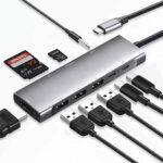 USB-C Hub Dock 9-in-1 Aluminium Type-C Adapter with 4K HDMI, Ethernet 1000mbps Port, 3 USB 3.0, USB-C Power Delivery, 3.5mm Audio only, TF/SD Card Reader, Mac & Windows USB-C Devices