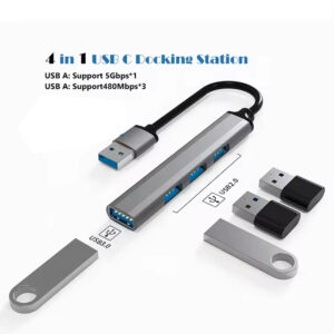 USB Hub 4 in 1,Portable 4 Ports USB Splitter Mini Docking Station with 5Gbps Fast Data Transfer Multi USB Port Hub for for Laptop, iMac, MacBook, Surface Pro,(Multiport Adapter)-Silver