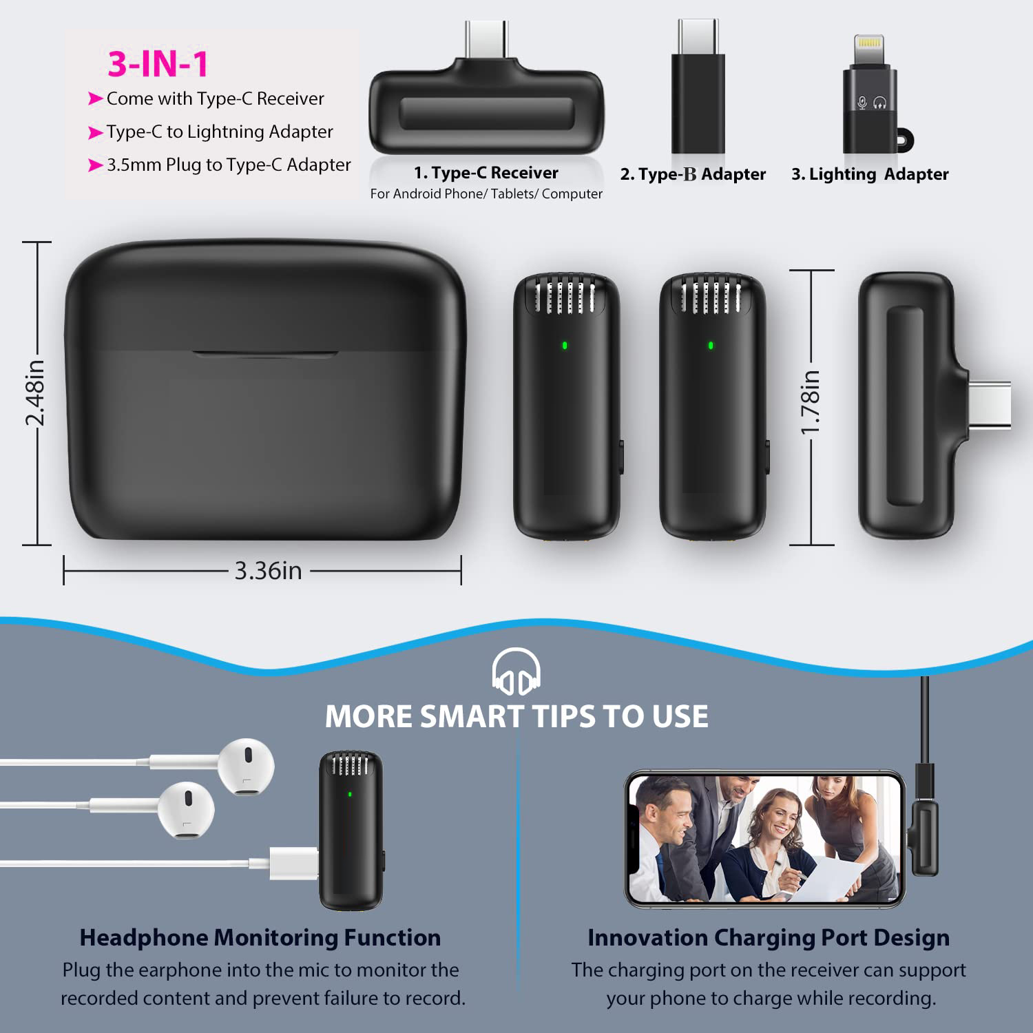 J13 Wireless Mic for YouTube, 3-Level Adjustable MicNoise Reduction Lapel Mic with Charging Case, Wireless Mic for Video Recording, YouTube, Facebook, Video Production (Double (Universal) - Image 6