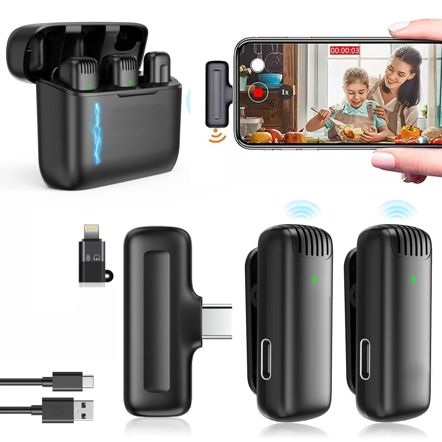 J13 Wireless Mic for YouTube, 3-Level Adjustable MicNoise Reduction Lapel Mic with Charging Case, Wireless Mic for Video Recording, YouTube, Facebook, Video Production (Double (Universal)
