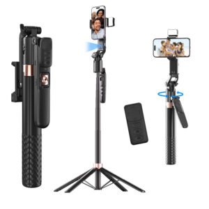 AI-Powered Selfie Stick for Mobile, Auto Face Tracking Tripod with 360° Auto Rotating Selfie Stick, 64-inch/163 cm Long Aluminum Extension for Mobile & Camera with Quad-Leg Stability.