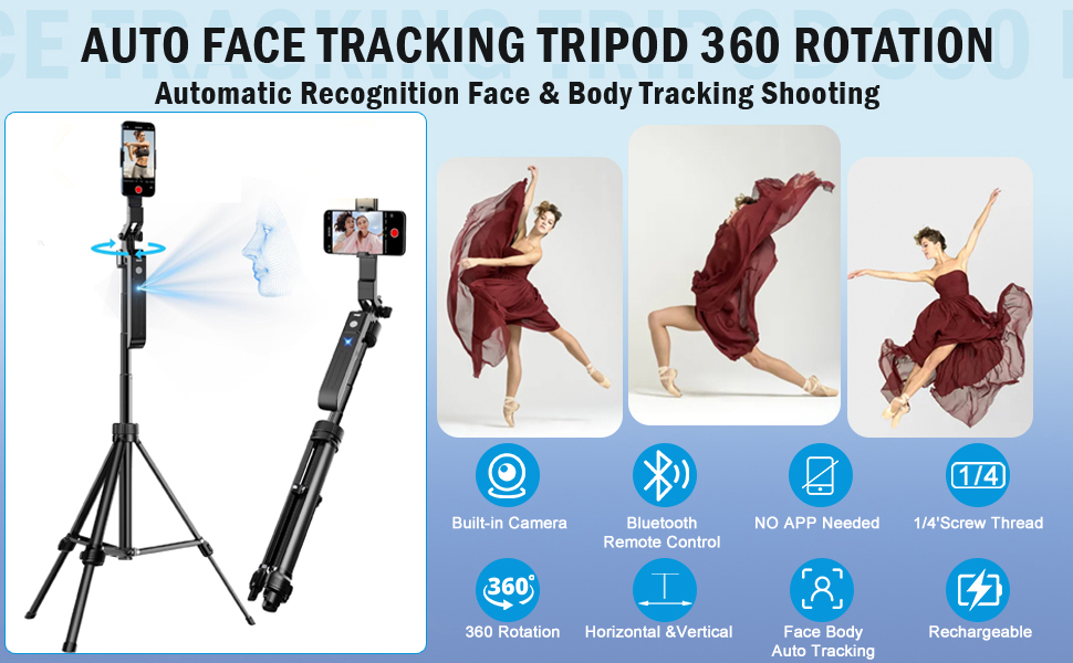 AI-Powered Selfie Stick for Mobile, Auto Face Tracking Tripod with 360° Auto Rotating Selfie Stick, 64-inch/163 cm Long Aluminum Extension for Mobile & Camera with Quad-Leg Stability. - Image 7